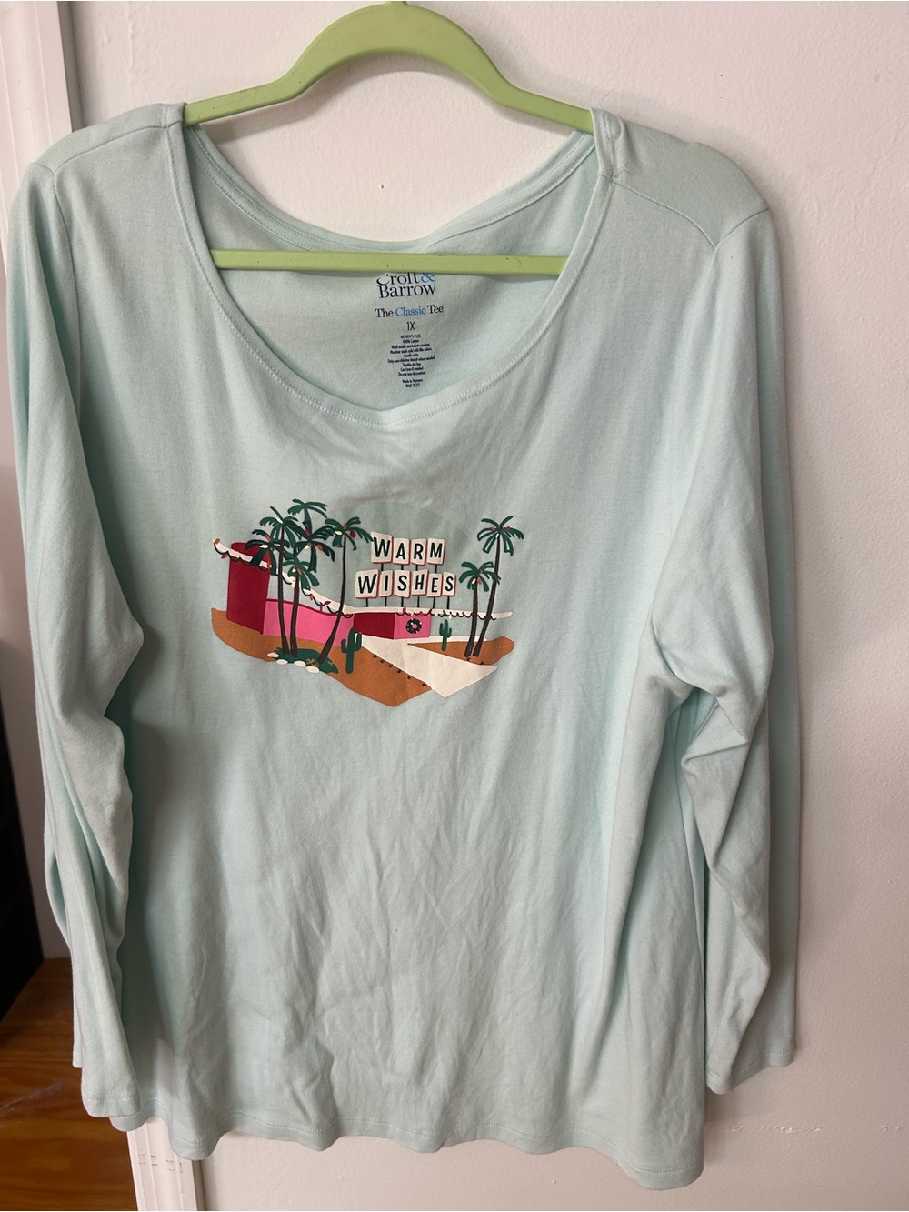 Croft & Barrow 1X “Warm Wishes” Long Sleeve Graphic Tee Palm Trees Plus Size